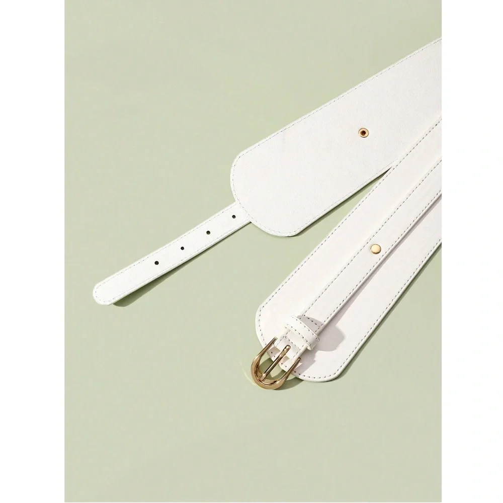 PU Wide White Belt Gold Tone Buckle - Picture 3 of 5